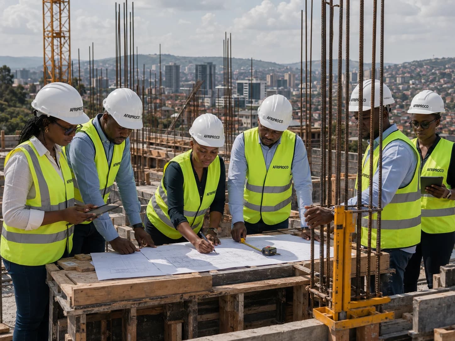 Illustrative construction team reviewing drawings on site