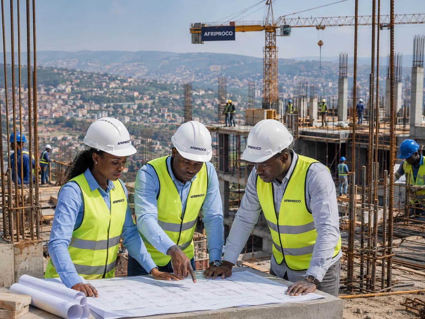 Illustrative site team discussing construction drawings
