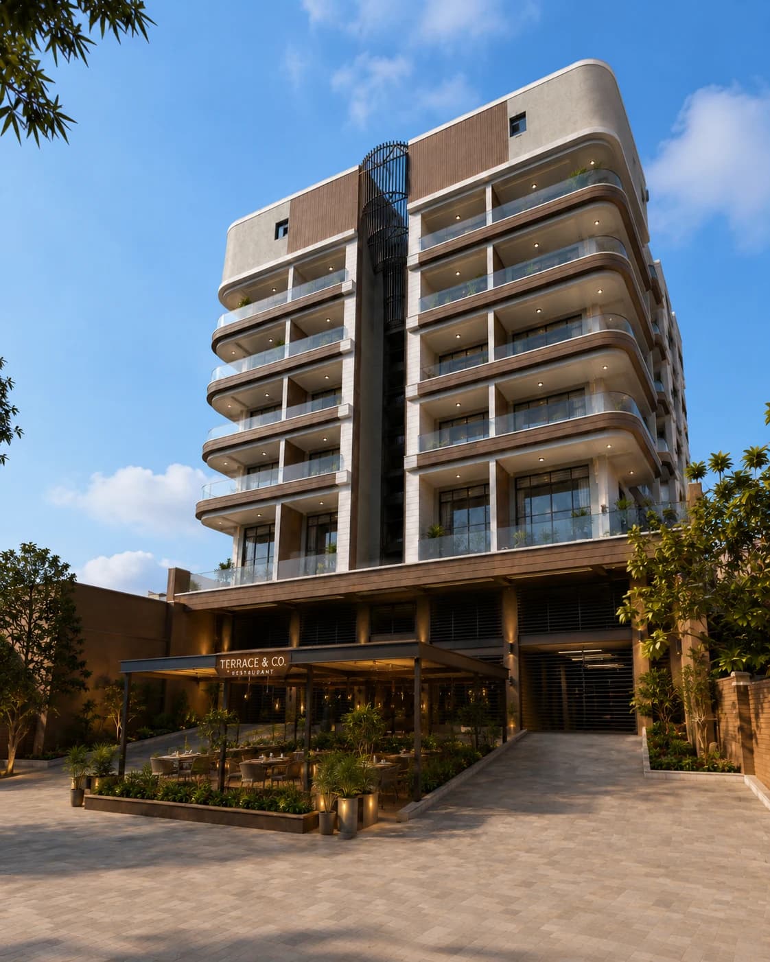 Architectural presentation of an apartment building with balconies