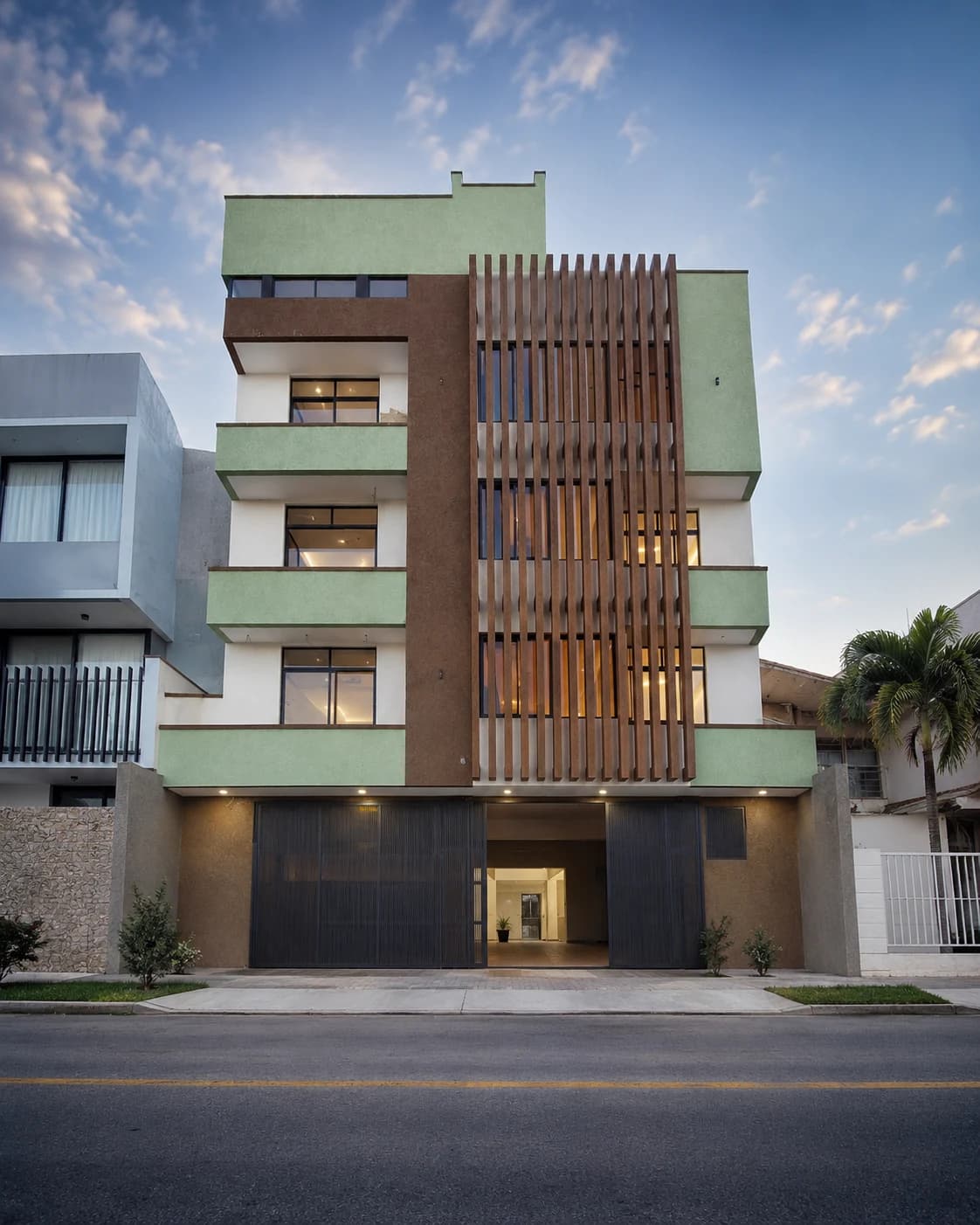 Architectural presentation of an apartment building with vertical facade screening